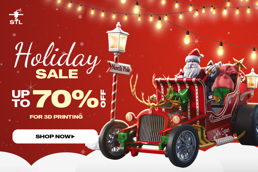 Santa in a vintage car with gifts, red festive background, 'Holiday Sale up to 70% off 3D printing.'