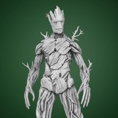 A detailed 3D model of a tree-like humanoid figure with bark texture and branch details on a green background.