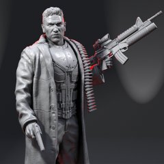 Figure of a stern man in a trench coat, holding a rifle and handgun, armed and ready.
