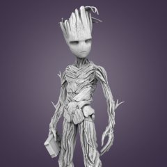 3D model of teenage Groot, detailed with wood texture, holding a rectangular object.