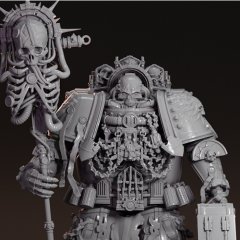 Armored chaplain figure holding a staff, detailed with skulls, wings, and intricate armor design for 3D printing.