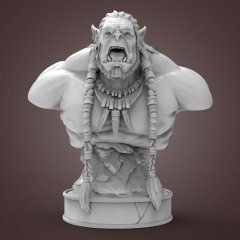 3D printable bust of an orc-like character with braided hair and tribal necklace, screaming, detailed base.
