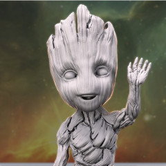 A cute, stylized tree-like creature with a waving hand and wood-textured body, set against a cosmic background.