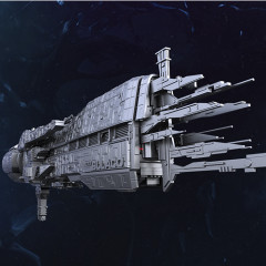 Futuristic spaceship with detailed design and extended elements, set in a dark space backdrop.