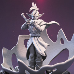 Elf warrior with a sword in hand, standing on ornate platform with flowing cape and distinctive hair.