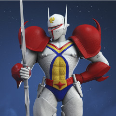 Armored figure with red, white, and blue suit, holding a spear against a night sky backdrop.