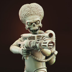 Alien with a large brain and menacing grin holding a futuristic weapon, inspired by 'Mars Attacks!'