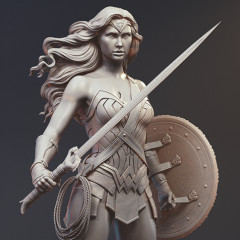 A warrior woman with long hair holds a sword and shield, wearing armor. 3D model designed for printing.