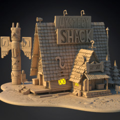 Rustic cabin with 'Mystery Shack' sign, totem pole, and trees. Designed for 3D printing.