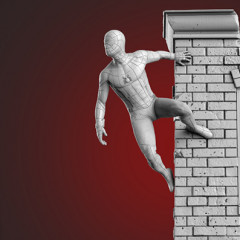 3D model of Spider-Man in a wall-crawling pose on a brick wall, ready for 3D printing.