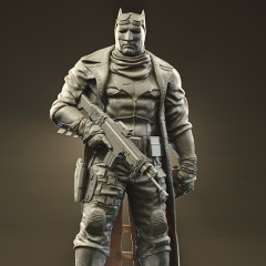 Armored figure with tactical gear, holding a rifle, wearing a mask with triangle ears, suitable for 3D printing.