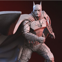 Armored superhero in dynamic pose with flowing cape, detailed suit, and cowl with pointed ears.