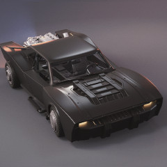 Sleek black 3D model of a Batmobile with intricate details, ready for 3D printing.
