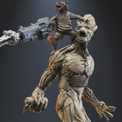 Anthropomorphic tree creature with a raccoon-like figure wielding a large weapon on its shoulder.