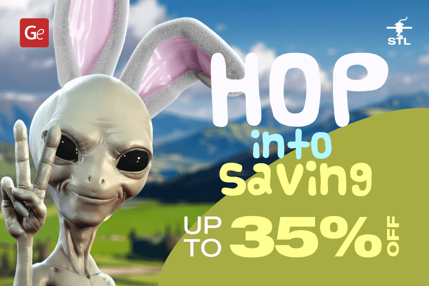 Alien with bunny ears making a peace sign, promoting up to 35% off on 3D models for Easter 2024.