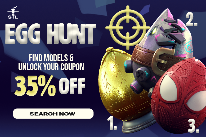 Promo banner: 'Egg Hunt' offers 35% off on 3D model prints from games, comics, and movies.