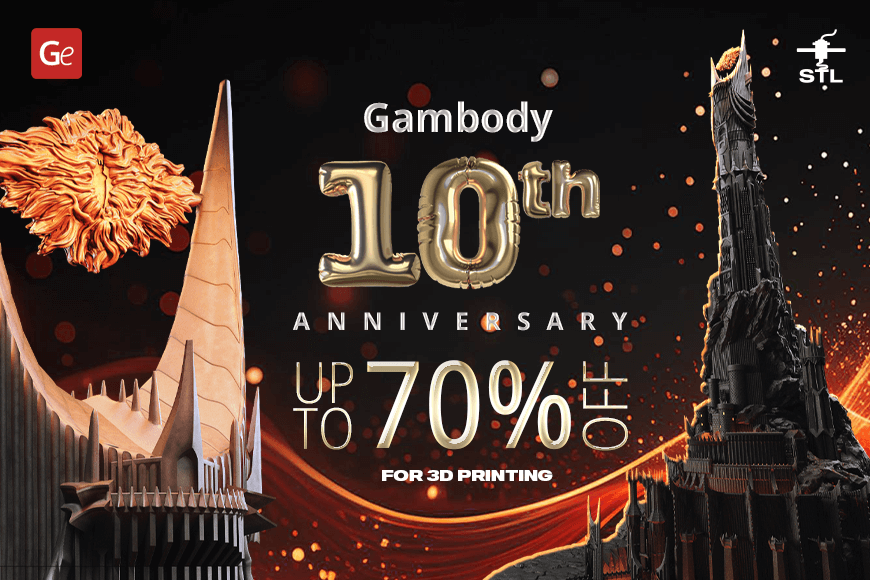 Gambody 10th Anniversary: Up to 70% off 3D models for printing, featuring detailed fantasy towers.