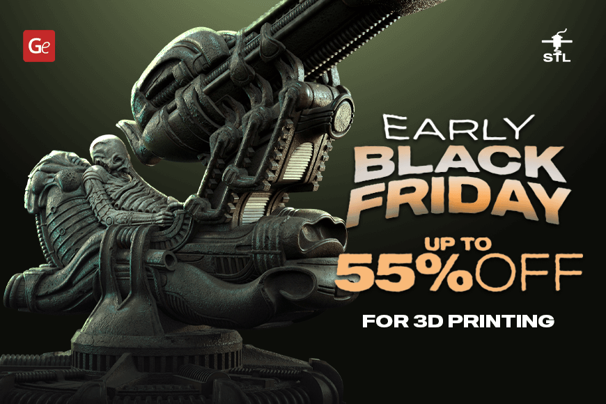 Early Black Friday 2024 promo: Up to 55% off 3D models for printing, featuring sci-fi design.