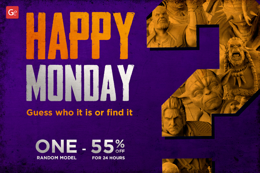 'Happy Monday Campaign: 55% off one random 3D model for 24 hours. Guess or find your model!'