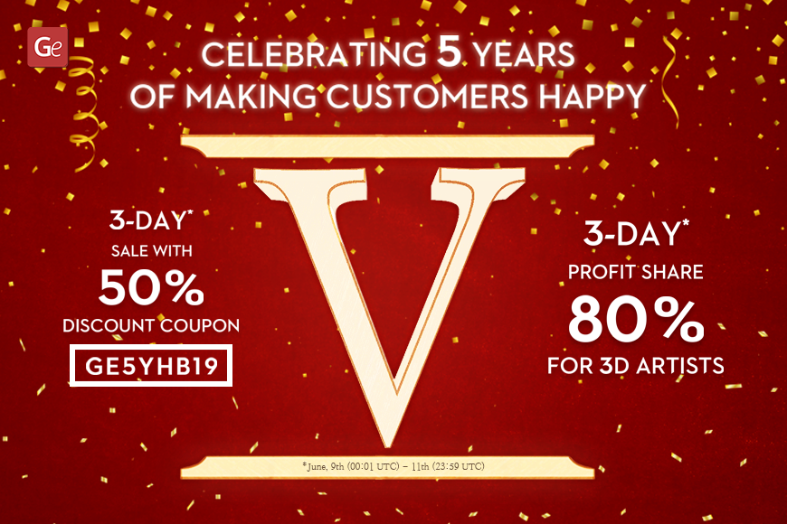 The image celebrates 5 years with a 'V' design, offering 50% discount and 80% profit share for 3D artists.