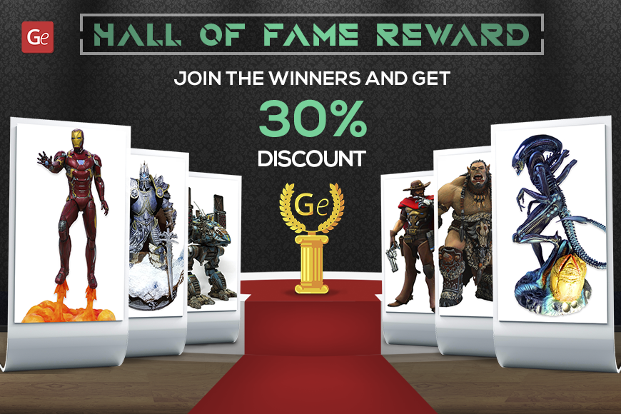 'Hall of Fame Reward: 30% off 3D models from video games, comics, and movies. Join the winners today!'