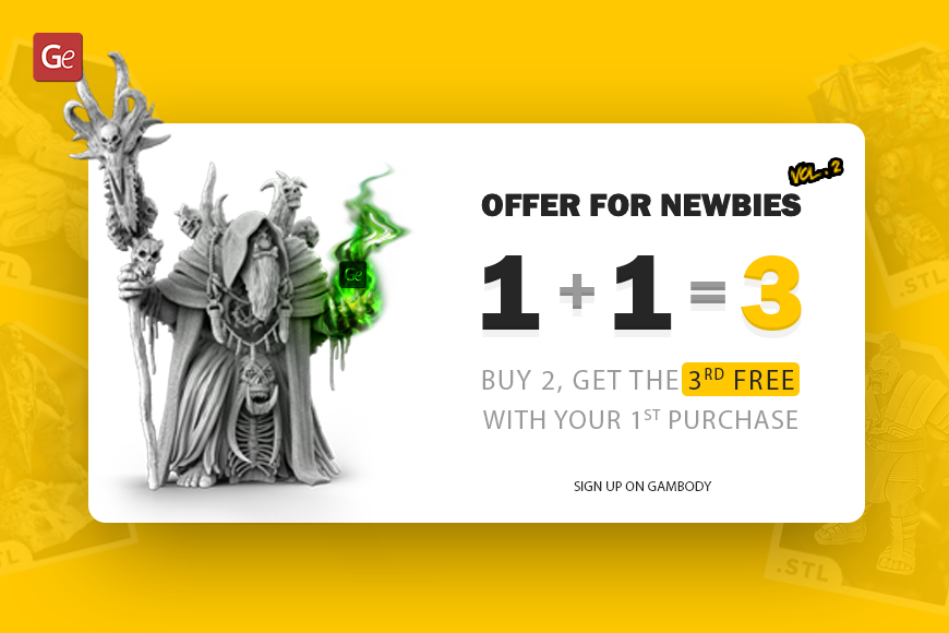 A wizard-like figure holds a glowing staff, promoting a special offer for 3D printed models.