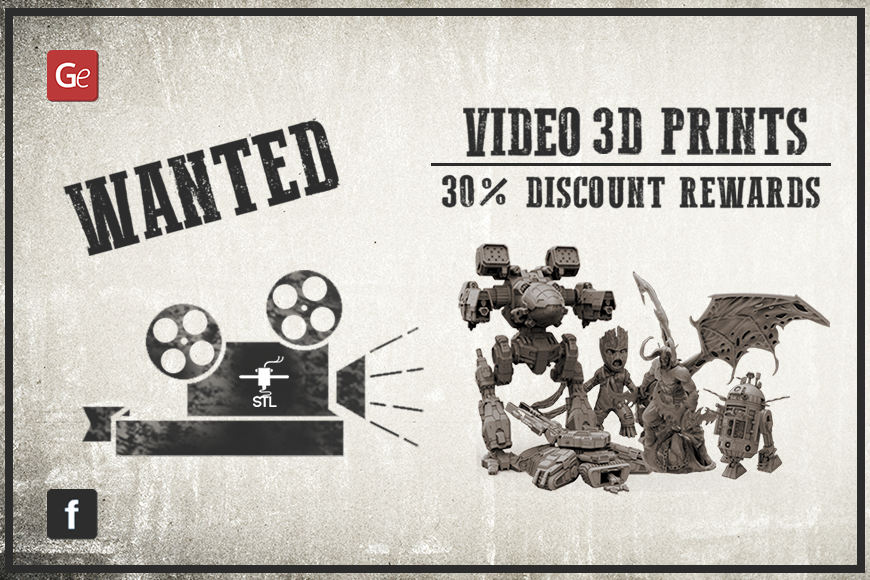 3D model advertisement featuring various fantasy and sci-fi figures, offering a 30% discount on prints.