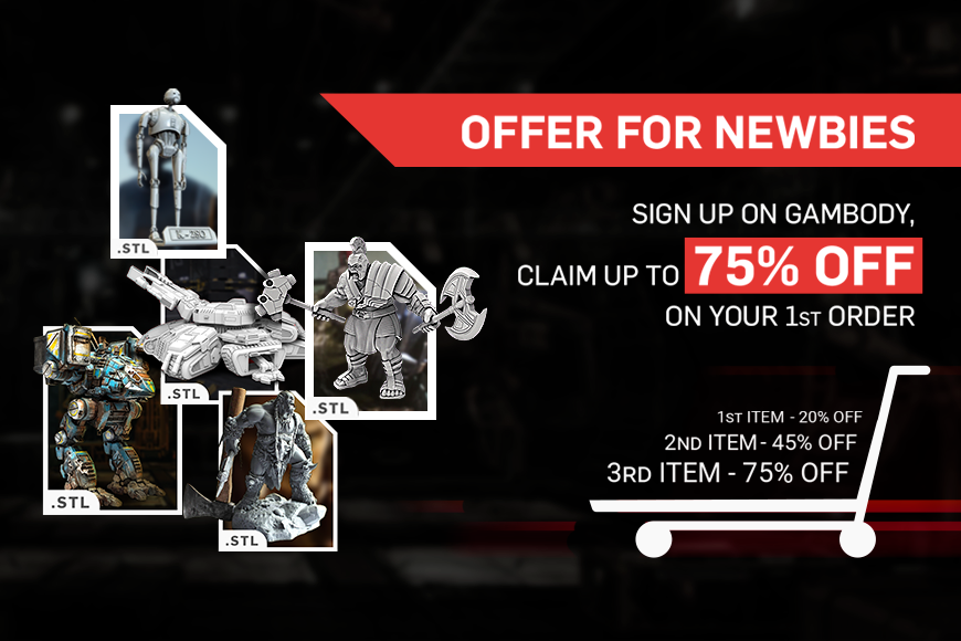 A promotional image shows various 3D model figures and offers discounts for new Gambody sign-ups.