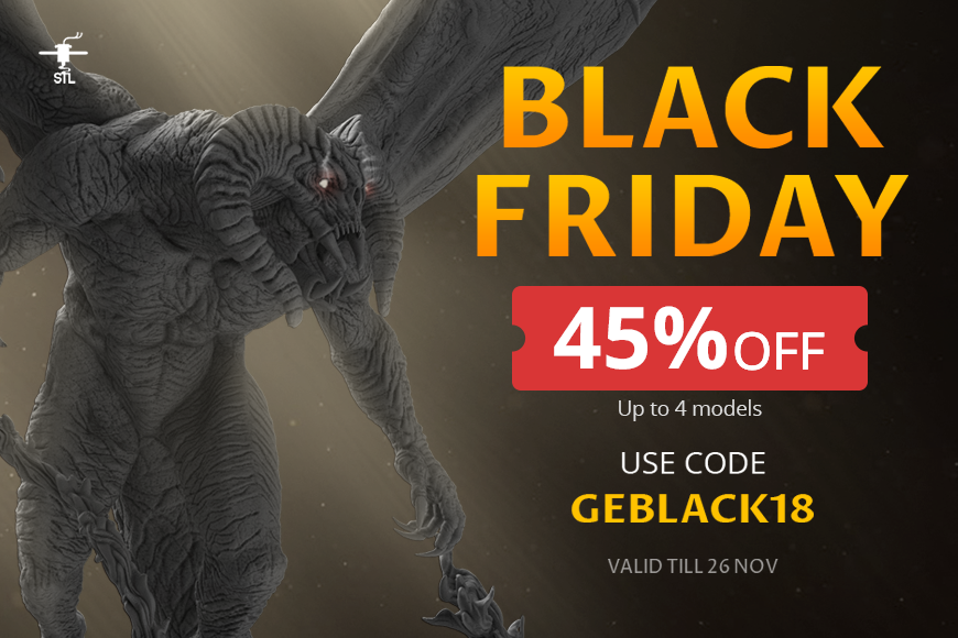 A winged, horned creature on a Black Friday 45% off promotional banner; code 'GEBLACK18'.