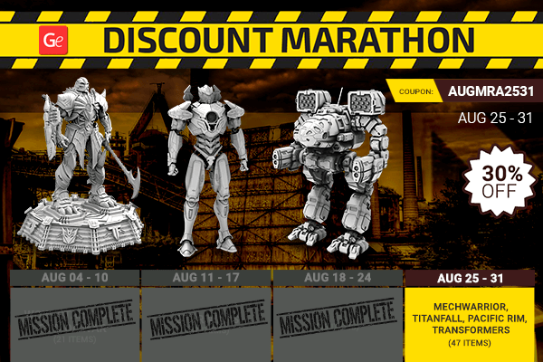 Discount Marathon: 30% off 3D robot models! Mechwarrior, Pacific Rim, and Transformers. August 25-31.