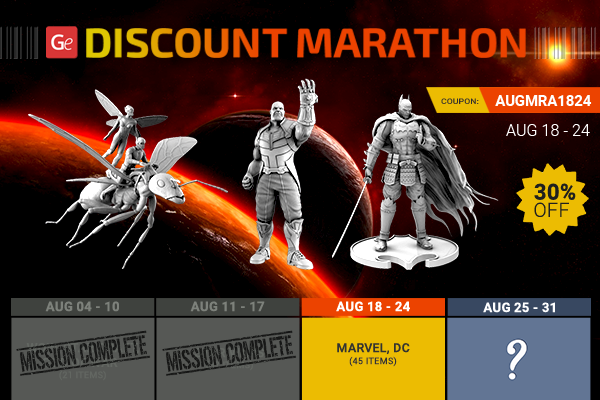 Sci-fi-themed discount banner with 3D characters and coupon details for a sale event.