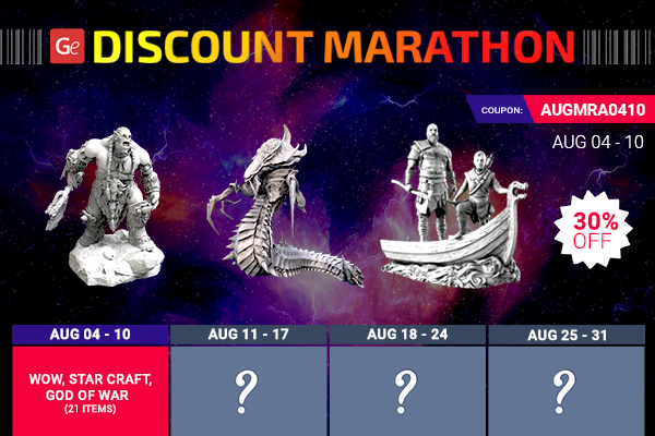 Discount marathon banner with fantasy figurines and date ranges. 30% off with coupon code AUGMRA0410.