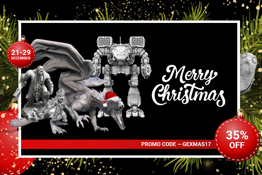 A Christmas-themed promo with a dragon, mech, and characters, offering 35% off.