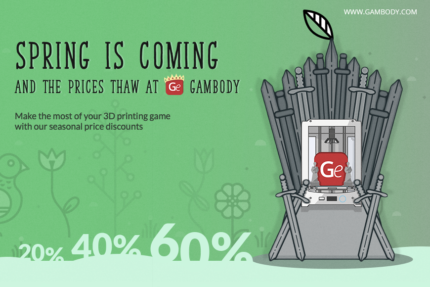 3D printer on a throne of swords with text promoting spring discounts at Gambody.
