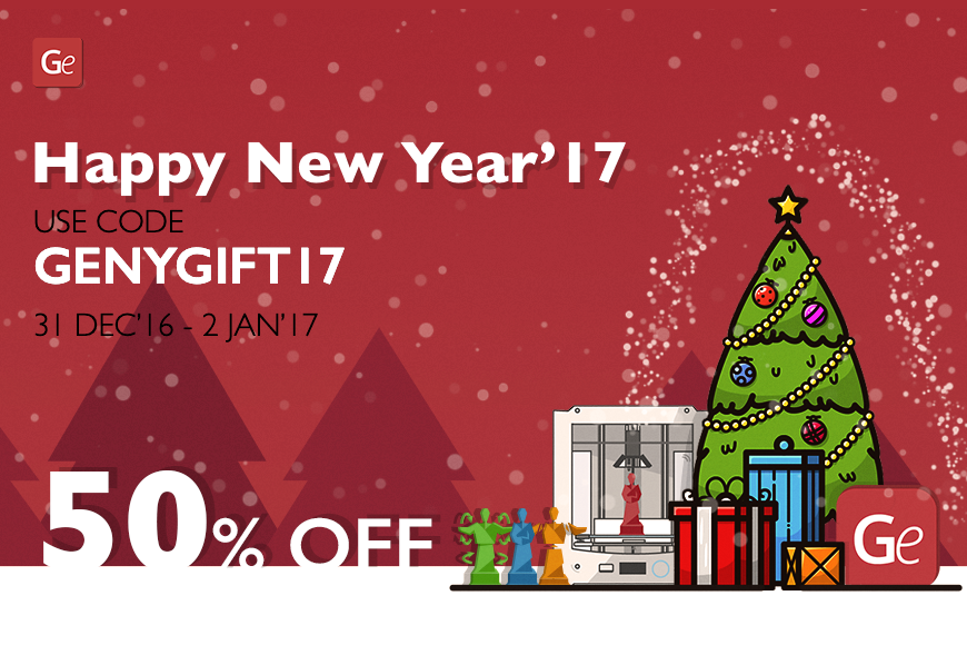 Festive poster with New Year '17 sale, 50% off. Features Christmas tree, gifts, and a 3D printer.