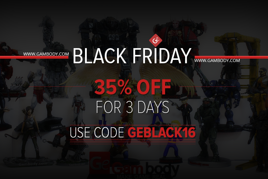 Promotional banner for Gambody's Black Friday sale with 35% off for 3 days, featuring various 3D models.