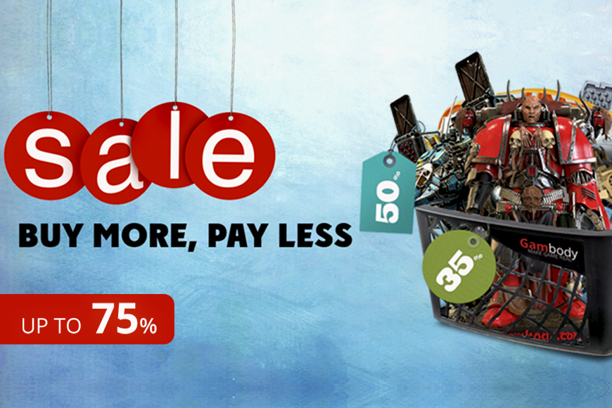 Red 'sale' tags and 3D model sale promotion with discounts up to 75% at Gambody.