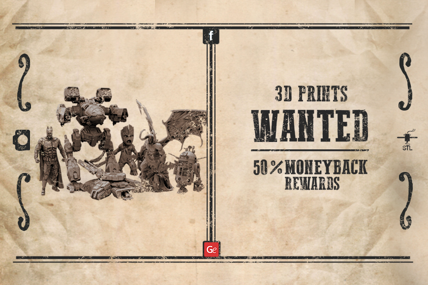 A group of superhero 3D models with a bold '3D PRINTS WANTED' sign offering rewards on the right.