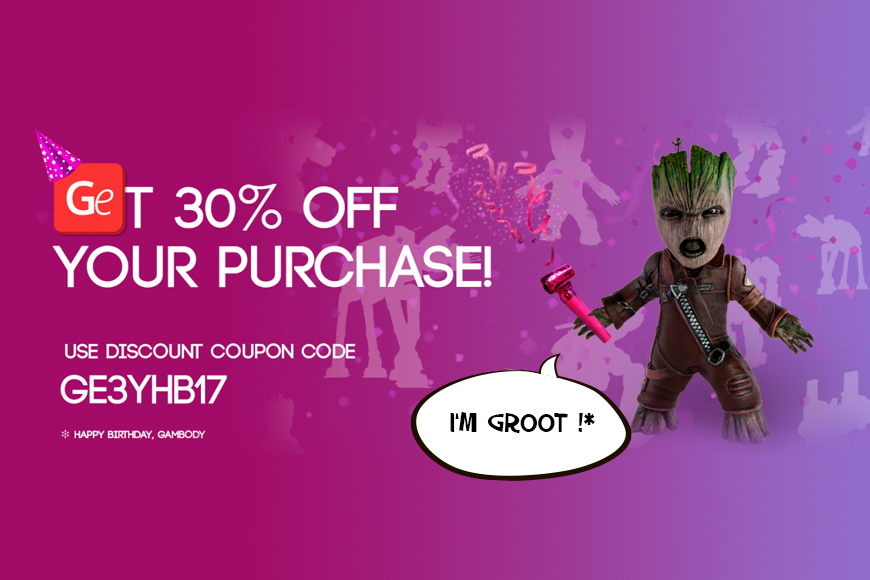 Promo image with 30% discount offer, featuring a character holding a pink candy.