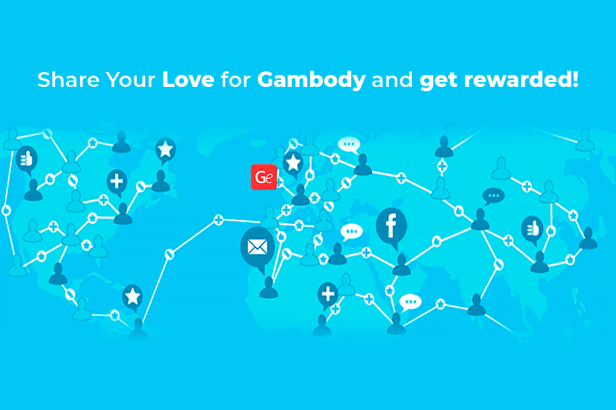 A world map with network icons, illustrating social sharing and connections for Gambody rewards.