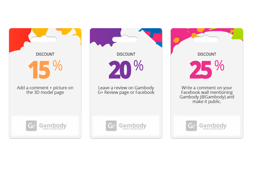 Discount cards from Gambody offering 15%, 20%, and 25% off for comments and reviews on 3D models.