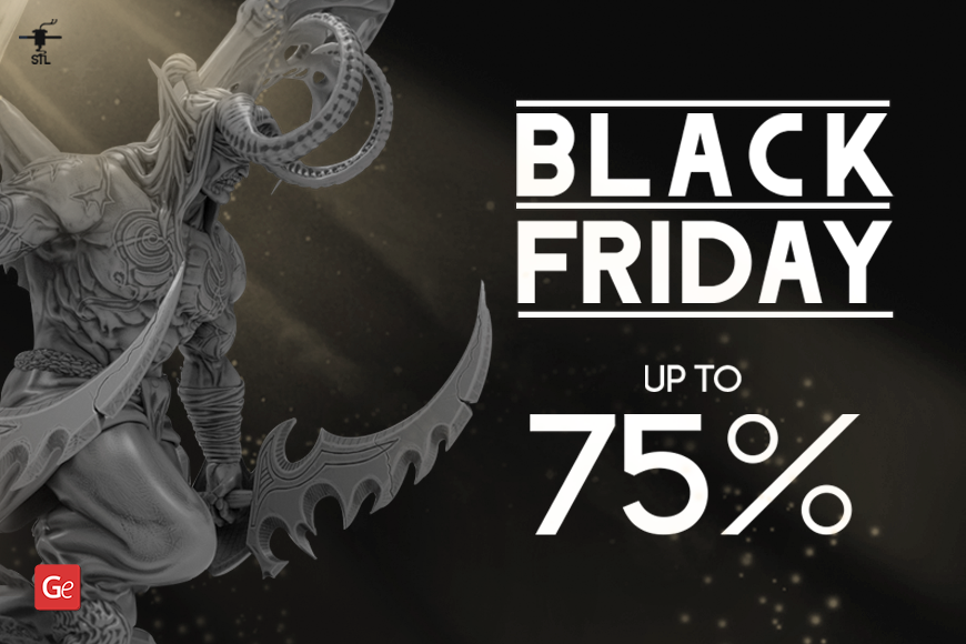 Black Friday 3D model sale: up to 75% off. Fantasy figure with curved blades and intricate details.