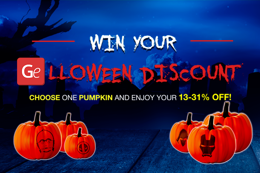 Blue Halloween-themed banner with glowing pumpkins offering discounts from 13-31%.