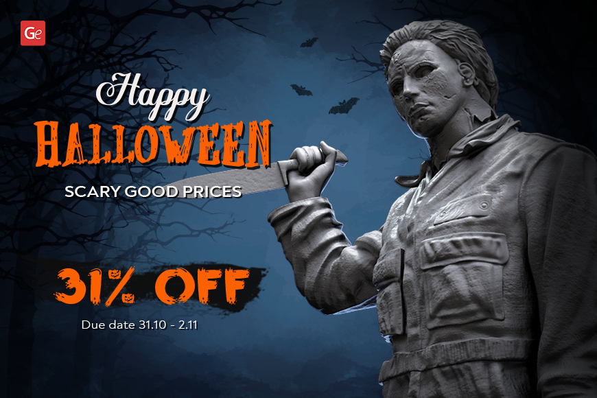 Halloween promo: 31% off horror 3D models. Spooky character with knife. Offer valid 31.10 - 2.11.