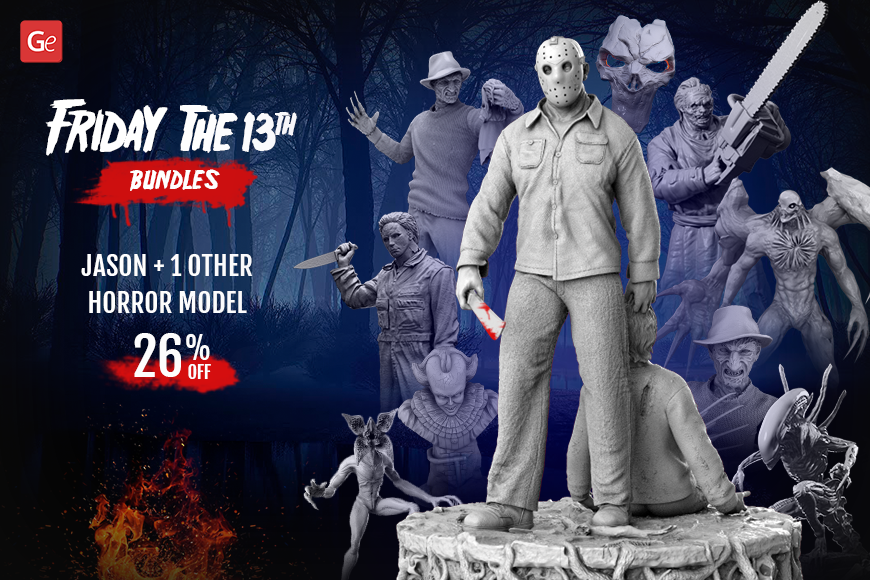 Friday the 13th promo: 26% off bundles featuring Jason and other horror models for 3D printing.