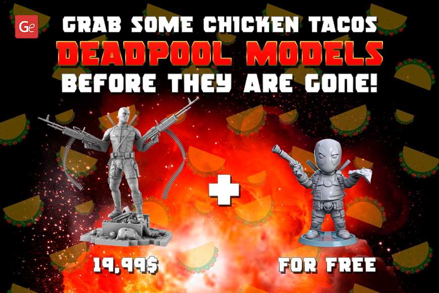 Promo banner: Buy one Deadpool figurine for $19.99, get another free. Taco theme background.