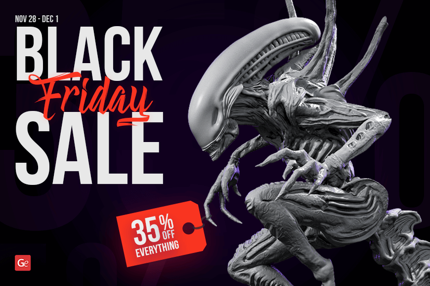 Black Friday Sale: 35% off everything. Features a detailed sci-fi creature 3D model for printing.