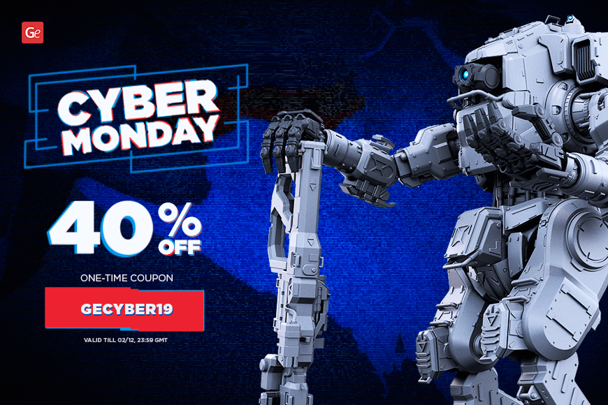 Cyber Monday Sale banner: 40% off with code GECYBER19. Features a detailed 3D robot model.