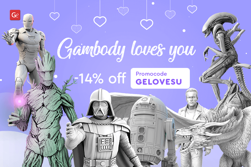 Valentine's Day offer: 14% off 3D models on Gambody. Use promo code GELOVESU. Various characters featured.