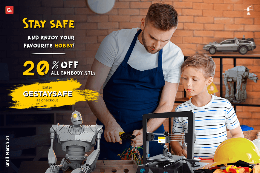 Father and son 3D printing with 20% off Gambody STL models. Use code GESTAYSAFE. Offer until March 31.